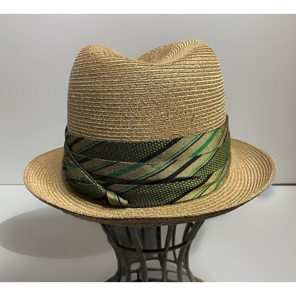 Dobbs Straw Fedora 7 1/8 Wide Green Hat Band Trilby Summer 60s Gentlemen Panama - Picture 3 of 12